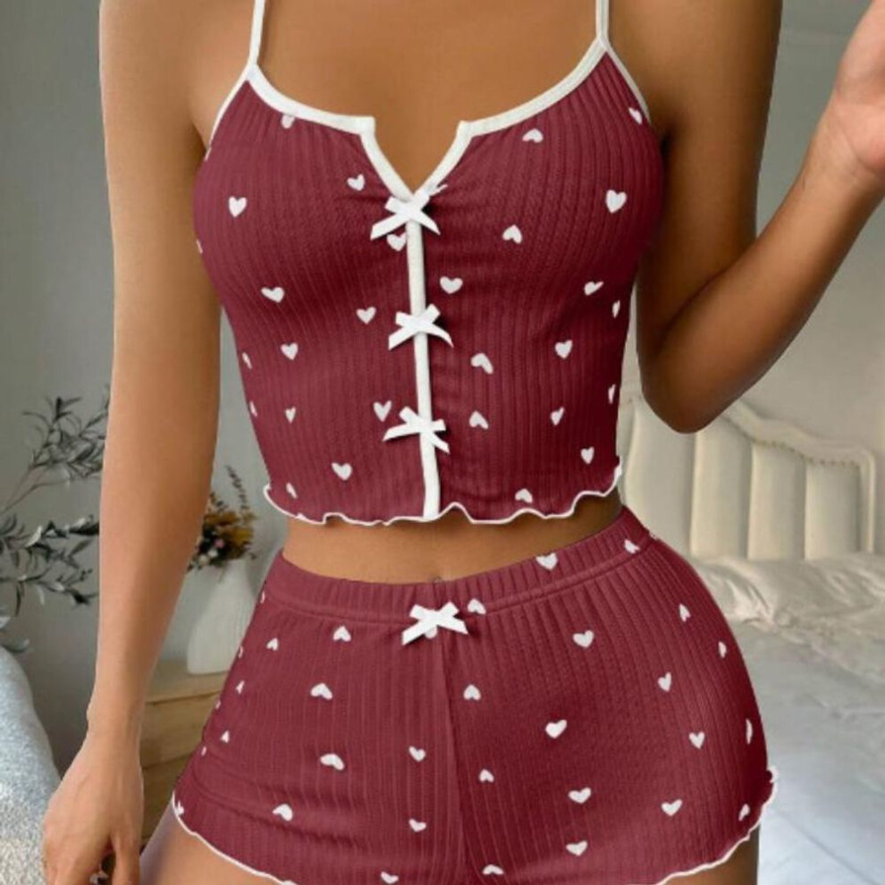 (XL, red) 2Pcs/Set Lady Homewear Top Shorts Suit Heart Print Bow Decor Sleeveless Backless Vest Elastic High Waist Short Pants Camis Shorts Outfit Lady Summer