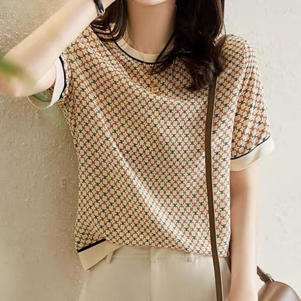 (XL, khaki) Short Sleeve Womens Shirt Vintage Square Plaid Tops Printed Ice Silk Shirt  Summer Blouse Ribbed Elegant Women Blouses