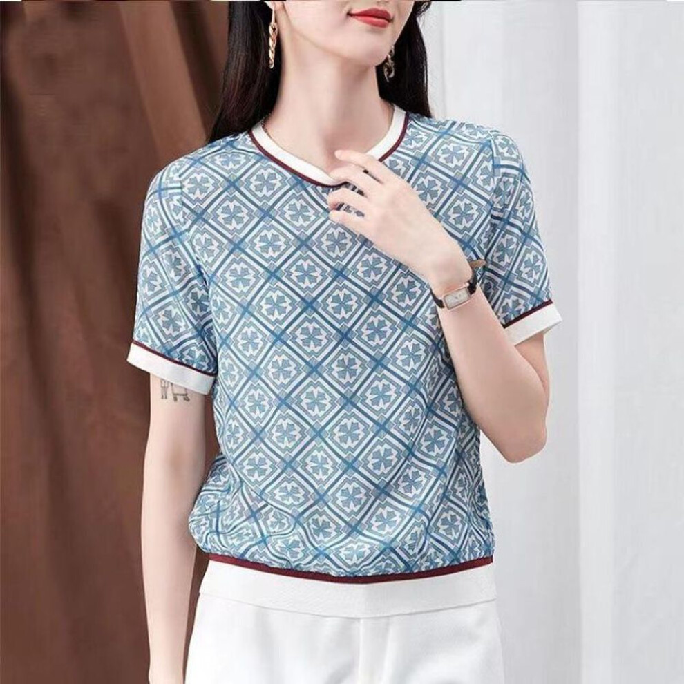 (XL, dark blue) Short Sleeve Womens Shirt Vintage Square Plaid Tops Printed Ice Silk Shirt  Summer Blouse Ribbed Elegant Women Blouses