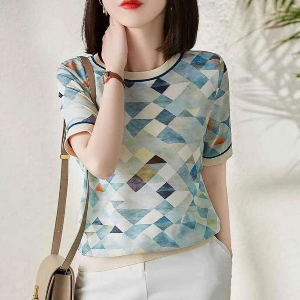 (M, blue) Short Sleeve Womens Shirt Vintage Square Plaid Tops Printed Ice Silk Shirt  Summer Blouse Ribbed Elegant Women Blouses