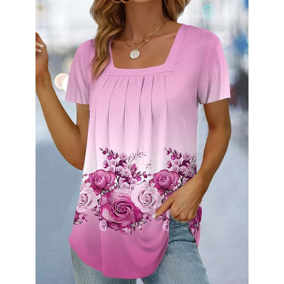 (5XL, rose red) Women's Floral Print T-Shirt Square Neck Pleated Front Short Sleeve Fashion Pullover Top Ladies Summer Casual T-Shirt For Women