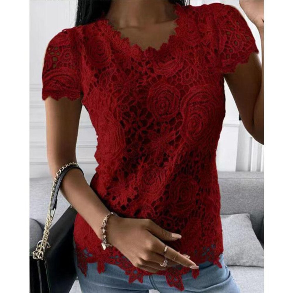 (M, wine red) Summer Women's T-shirt Short-sleeved Lace Shirt Temperament Elegant Short-sleeved Tops