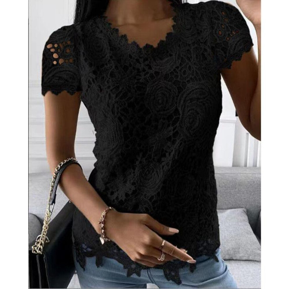 (M, black) Summer Women's T-shirt Short-sleeved Lace Shirt Temperament Elegant Short-sleeved Tops
