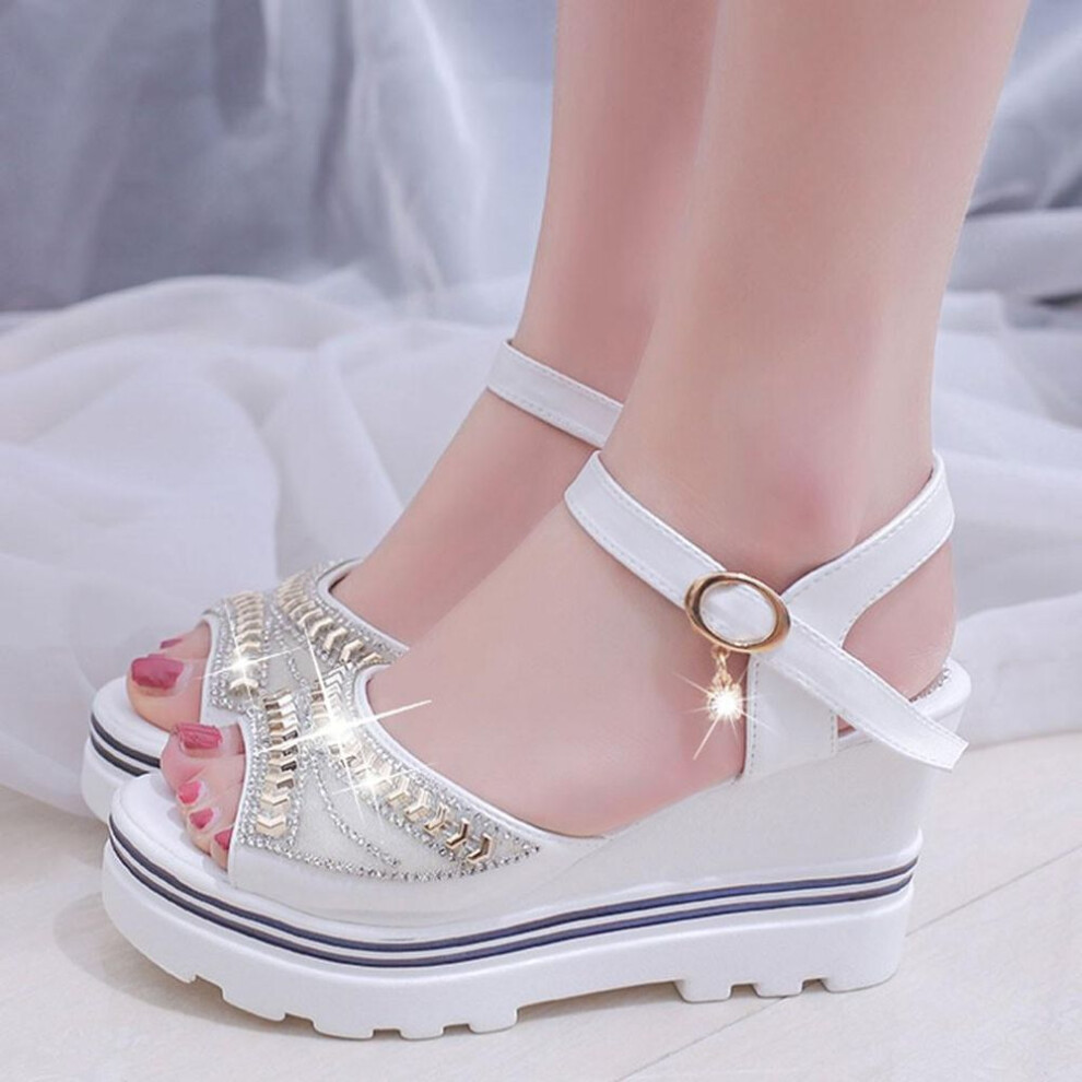 (white, 38) Fashion Women Summer Pumps Platform Sandal Wedges Crystal Peep Toe Sandals