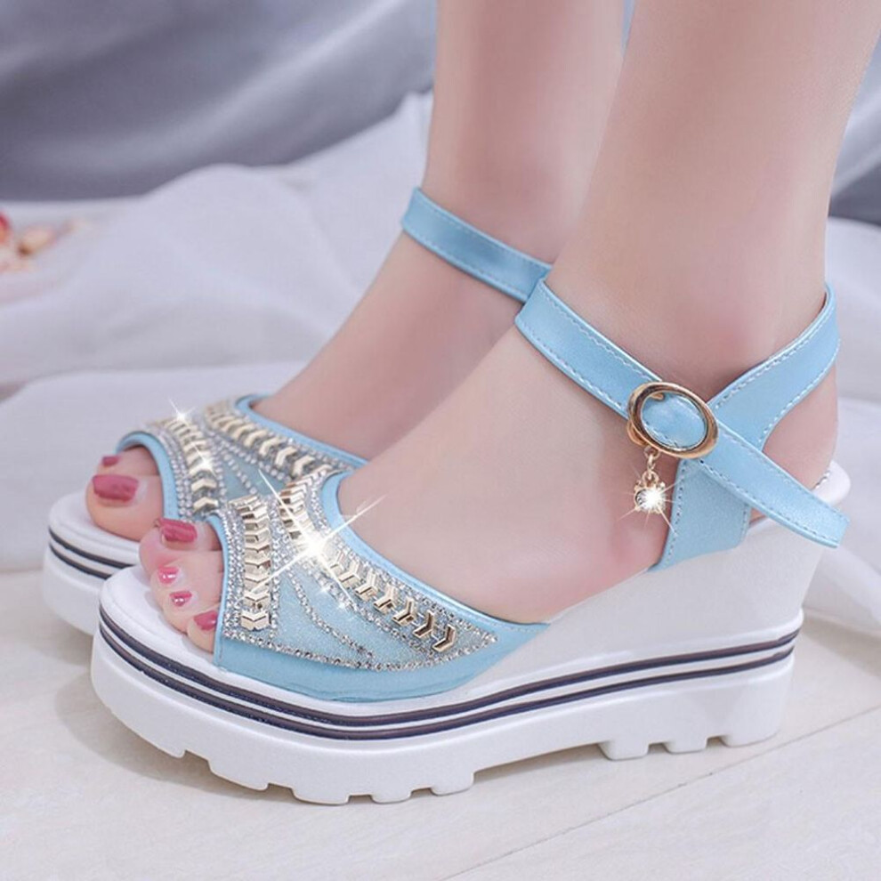 (blue, 36) Fashion Women Summer Pumps Platform Sandal Wedges Crystal Peep Toe Sandals