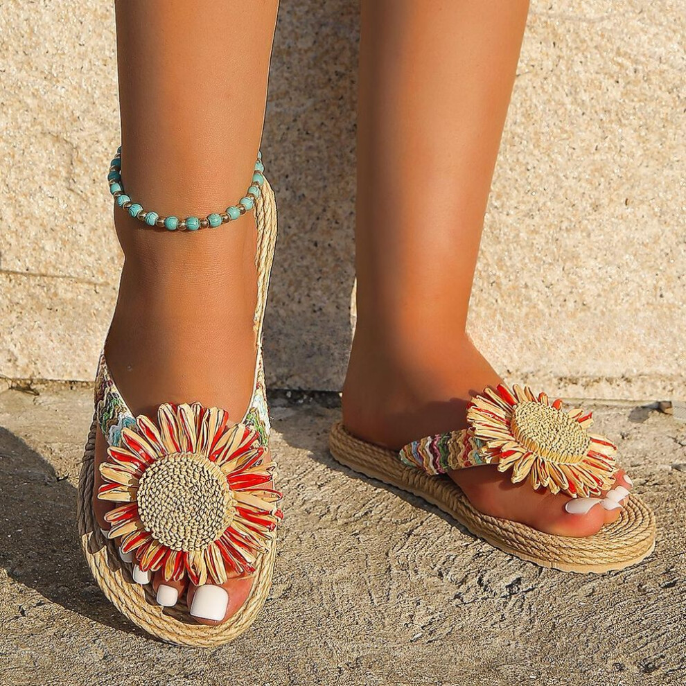 (red, 39) Imitation Braided Jute Rope Tassel Slippers With Sun Flowers Fashion Outdoor Tassel Slippers For Women With Thick Heels And Flowers