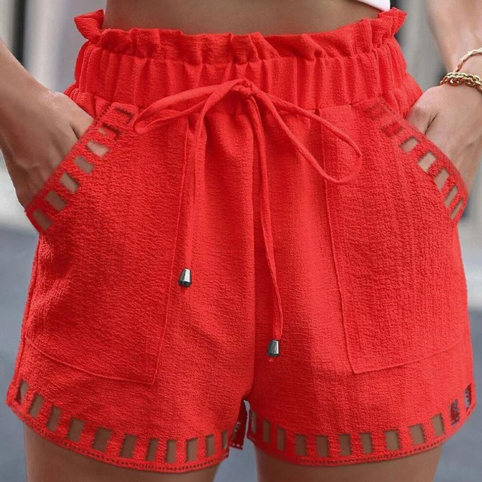 (red, S) Cotton Linen Shorts Women's Pants Solid Color Thin Hollow Out Design Trim Pocket Tight Waist Shorts Beachwear White