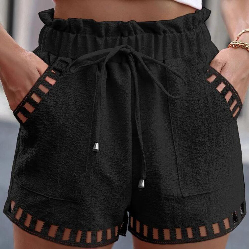 (black, M) Cotton Linen Shorts Women's Pants Solid Color Thin Hollow Out Design Trim Pocket Tight Waist Shorts Beachwear White