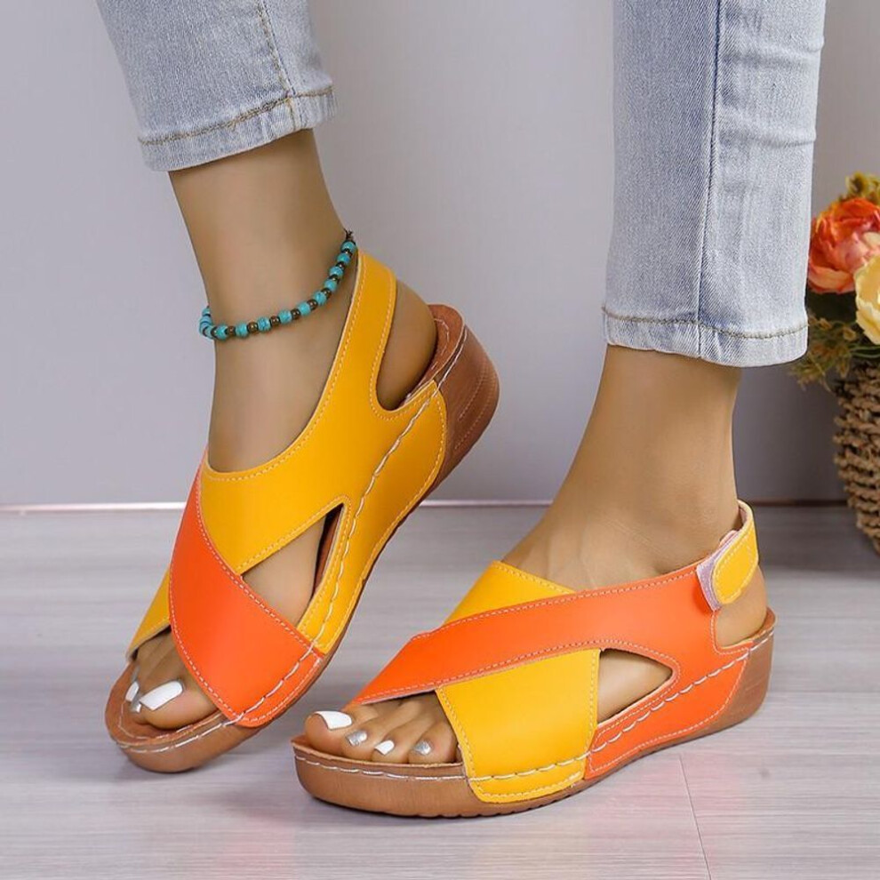 (orange, 42) Women's Contrast Color Wedge Sandals, Peep Toe Slingback Soft Sole Shoes, Comfy Outdoor Summer Sandals