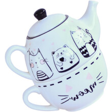 Adorable juego de tetera y taza de gato de cerámica blanca para beber té