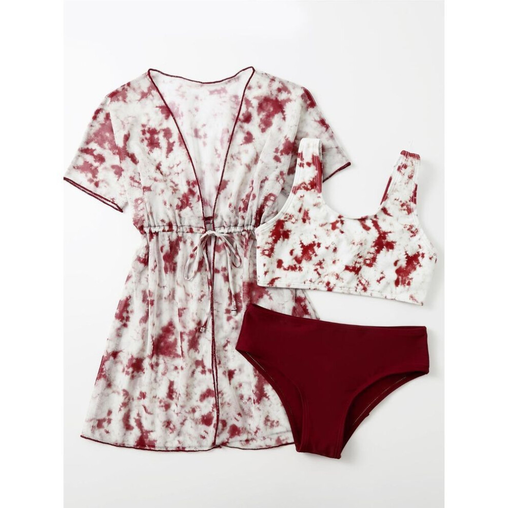 (wine, 150) Tween Girls' Fashion 3 Pieces Floral Printed Swimwear Set Solid Tank Top Briefs And Short Sleeves Lace Up Cover-up Swimsuit Children's Bathing Suit