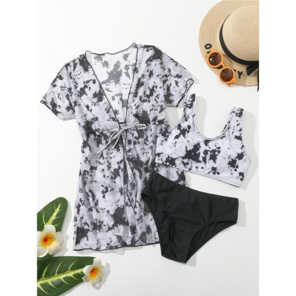 (black, 110) Tween Girls' Fashion 3 Pieces Floral Printed Swimwear Set Solid Tank Top Briefs and Short Sleeves Lace Up Cover-Up Swimsuit Children's Bathing Suit