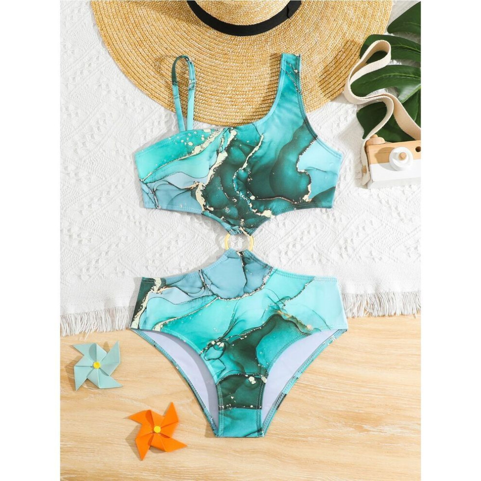 (green, 130) Floral Ruffle Girl Swimsuit Kids  Two Piece Children's Swimwear Halter Top Girl Bikini Set Girls Bathing Suit Beachwear