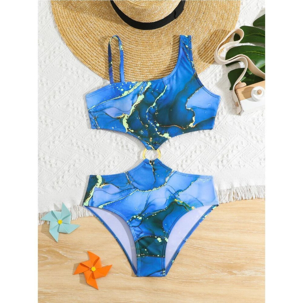 (blue, 160) Floral Ruffle Girl Swimsuit Kids  Two Piece Children's Swimwear Halter Top Girl Bikini Set Girls Bathing Suit Beachwear