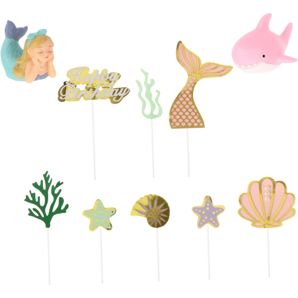 10 Adornos Para Tartas De Sirena Con TemáTica OceáNica, Con DiseñOs De Concha Y TiburóN-image