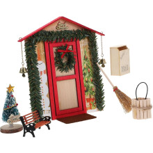 Mini árbol de Navidad con puerta de madera, modelo de casa de muñecas para decoración artesanal, coleccionables