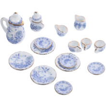 Juego de té en miniatura para casa de muñecas, tetera de porcelana, tazas, platos y accesorios de cocina.