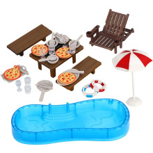 2 juegos de casa de muñecas con piscina, decoración del hogar, mini muebles, ropa de peluche, muñecas reemplazables