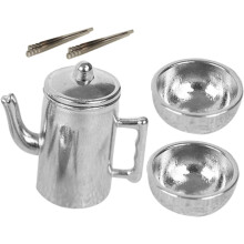 1 juego de teteras en miniatura de metal, cuencos y palillos para decorar casas de muñecas.