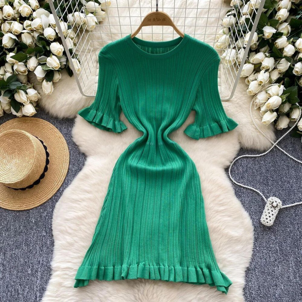 (green, One Size) Elegant O-neck Short Sleeves Chic Ruffle Vintage Knitted Slim Long Dress French High Street Women Autumn Winter Elastic Clothing