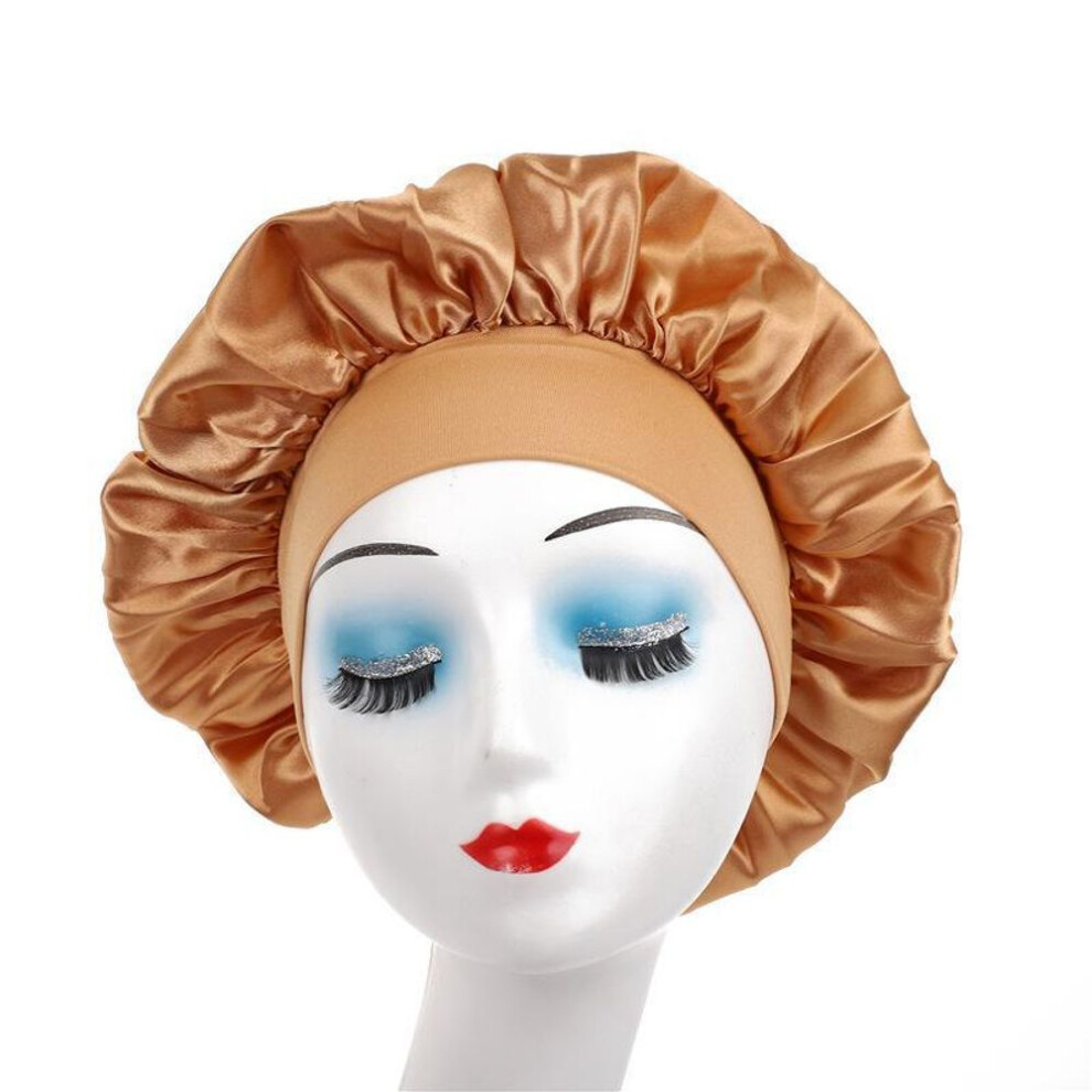(gold) Wide Brim Elastic Satin Hair Care Cap - Women's Sleep, Salon, And Shower Use