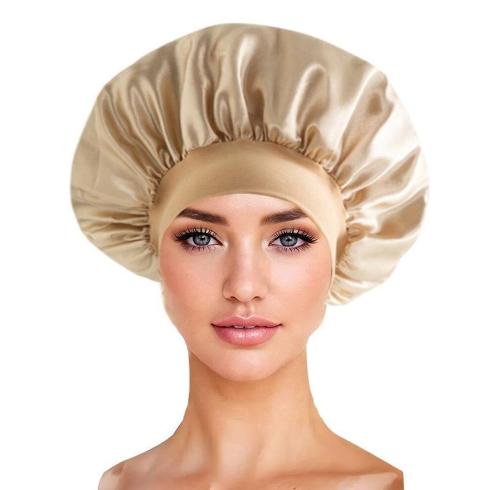 (khaki) Wide Brim Elastic Satin Hair Care Cap - Women's Sleep, Salon, And Shower Use