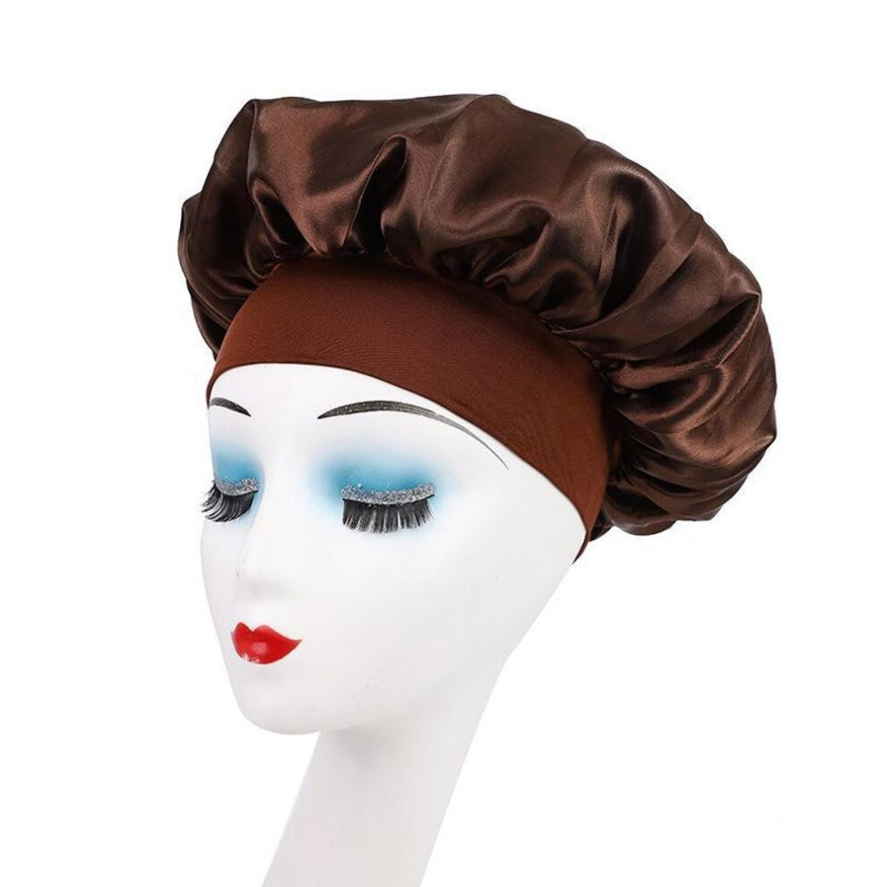 (brown) Wide Brim Elastic Satin Hair Care Cap - Women's Sleep, Salon, And Shower Use
