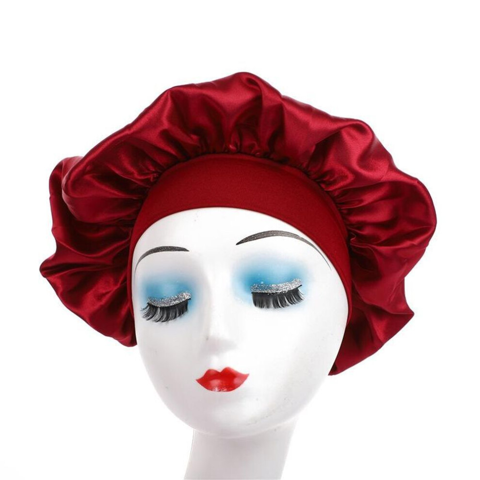 (wine) Wide Brim Elastic Satin Hair Care Cap - Women's Sleep, Salon, And Shower Use