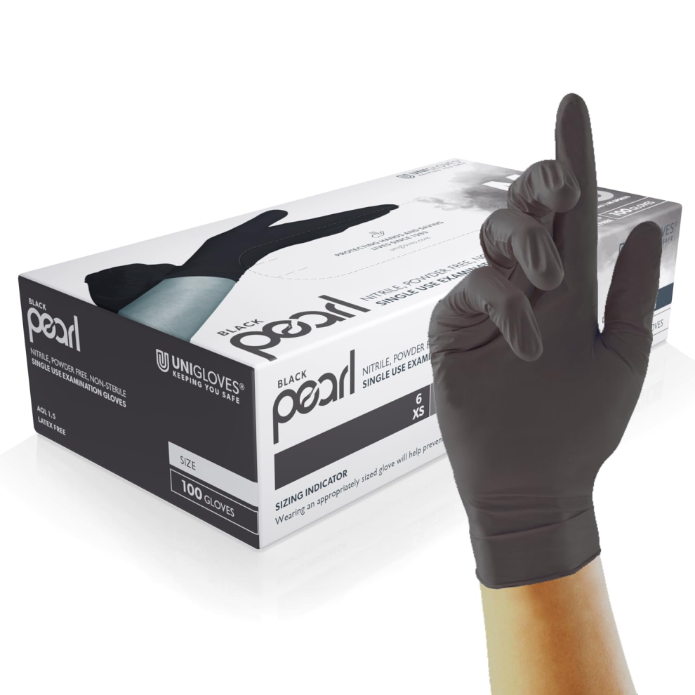 Unigloves Pearl Nitrile Examination Gloves - Multipurpose, Powder Free And Latex Free Disposable Gloves - Box Of Black