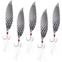 5 señuelos de pesca metálicos con anzuelos triples, cebos plateados con señuelos duros blancos.