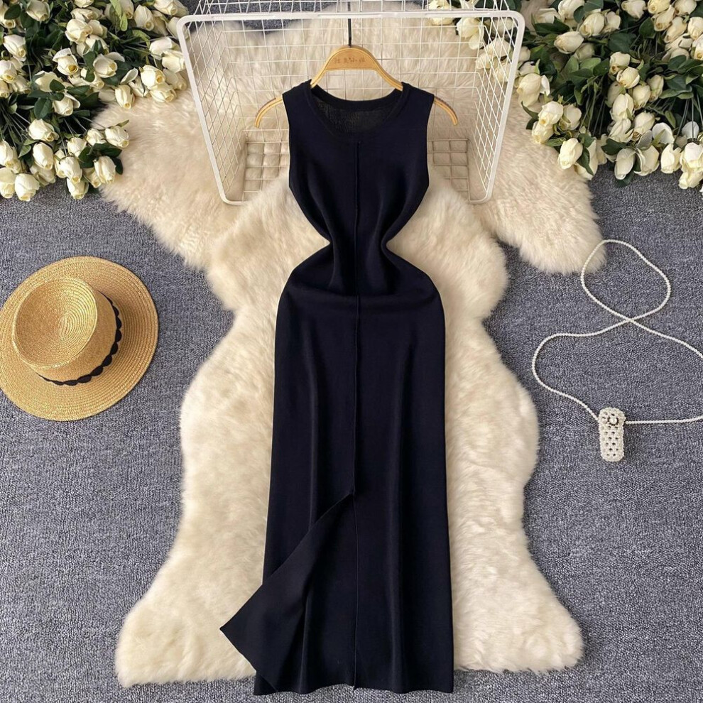 (black, One Size) Sexy Chic sweet o neck sleeveless split Knit  Dress vintage Elegant Fashion Party  Slim Summer A-line dresses