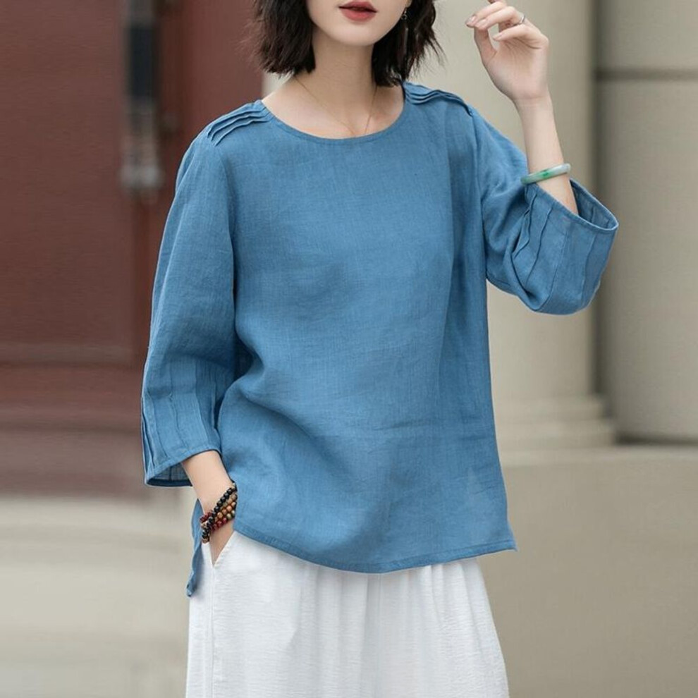 (3XL, blue) ZANZEA Women Casual Round Neck Loose 3/4 Sleeve Blouse