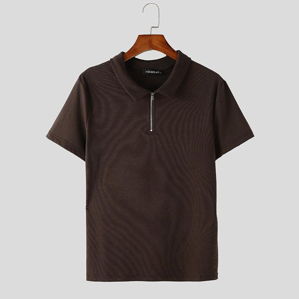 (brown, 4XL) INCERUN Summer T-shirts Men Short Sleeve Zipper Lapel Neck Solid Tops