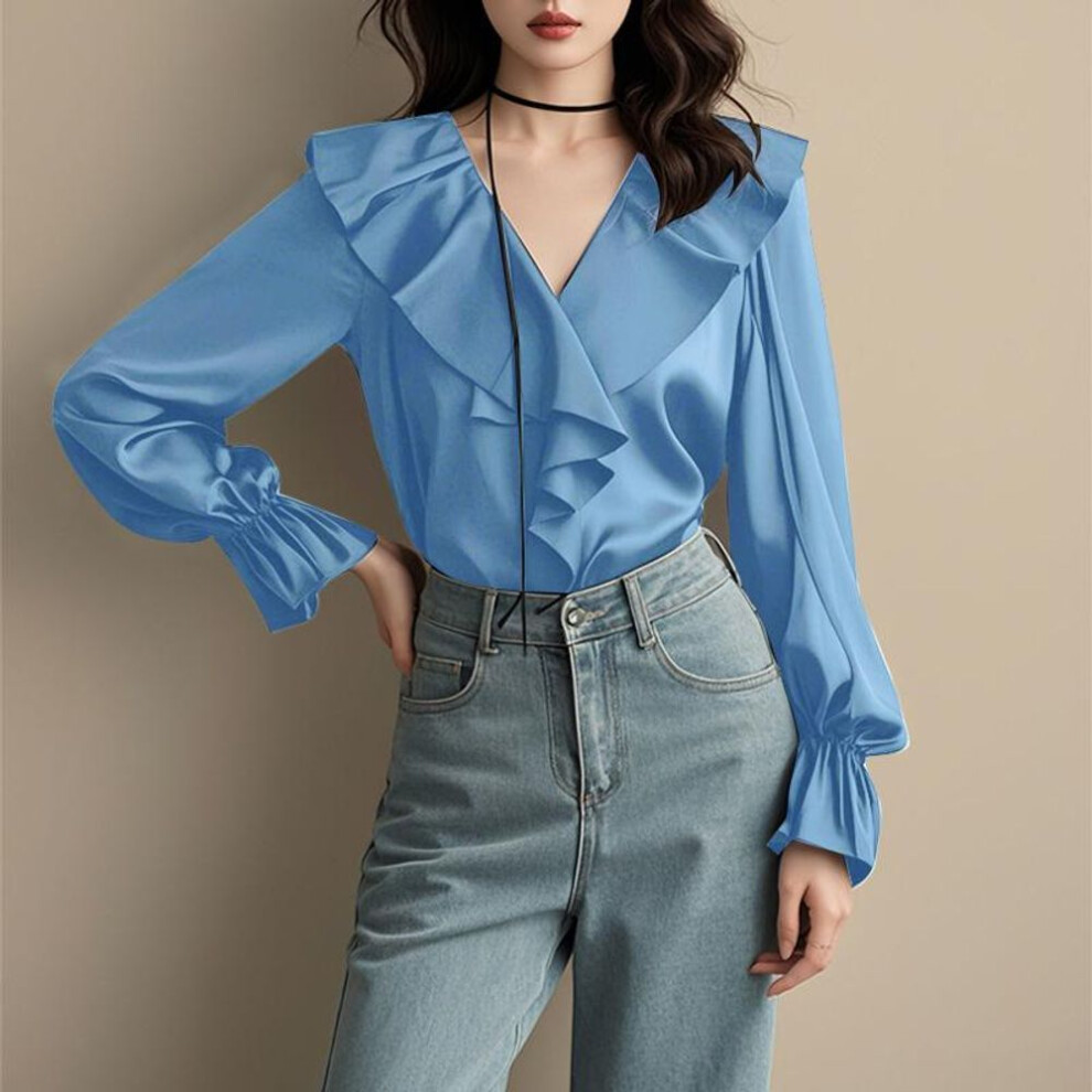 (4XL, blue) VONDA Women Elegant Lapel Solid Color Long Sleeve Ruffle Blouses