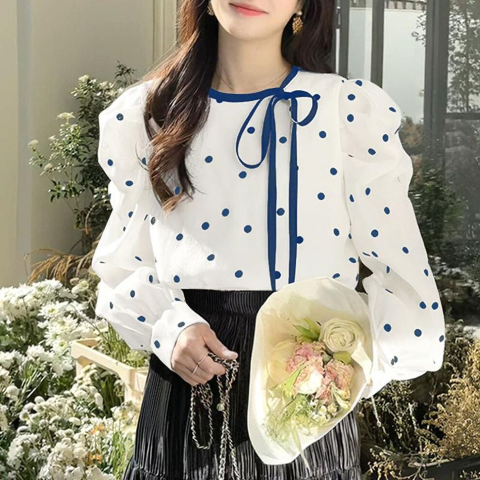 (3XL, dark blue) VONDA Women Autumn Round Neck Puff Long Sleeve Polka Dot Lace-up Blouses