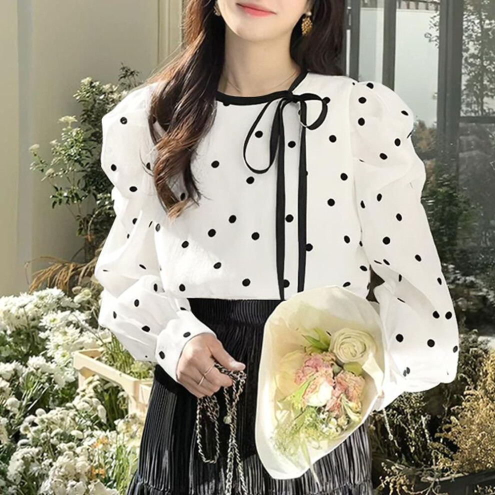 (4XL, black) VONDA Women Autumn Round Neck Puff Long Sleeve Polka Dot Lace-up Blouses