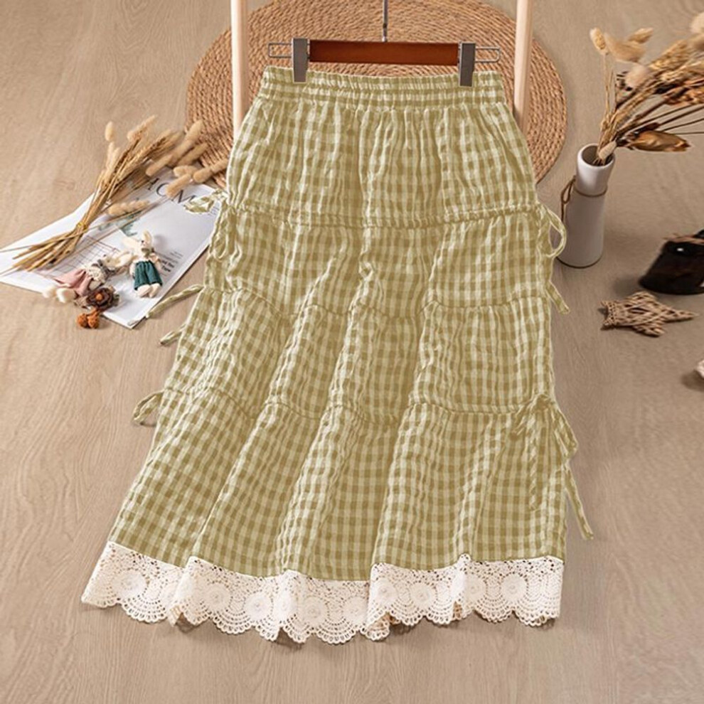 (M, khaki) VONDA Women Casual Elastic Waist Plaid Lace Hem Skirts