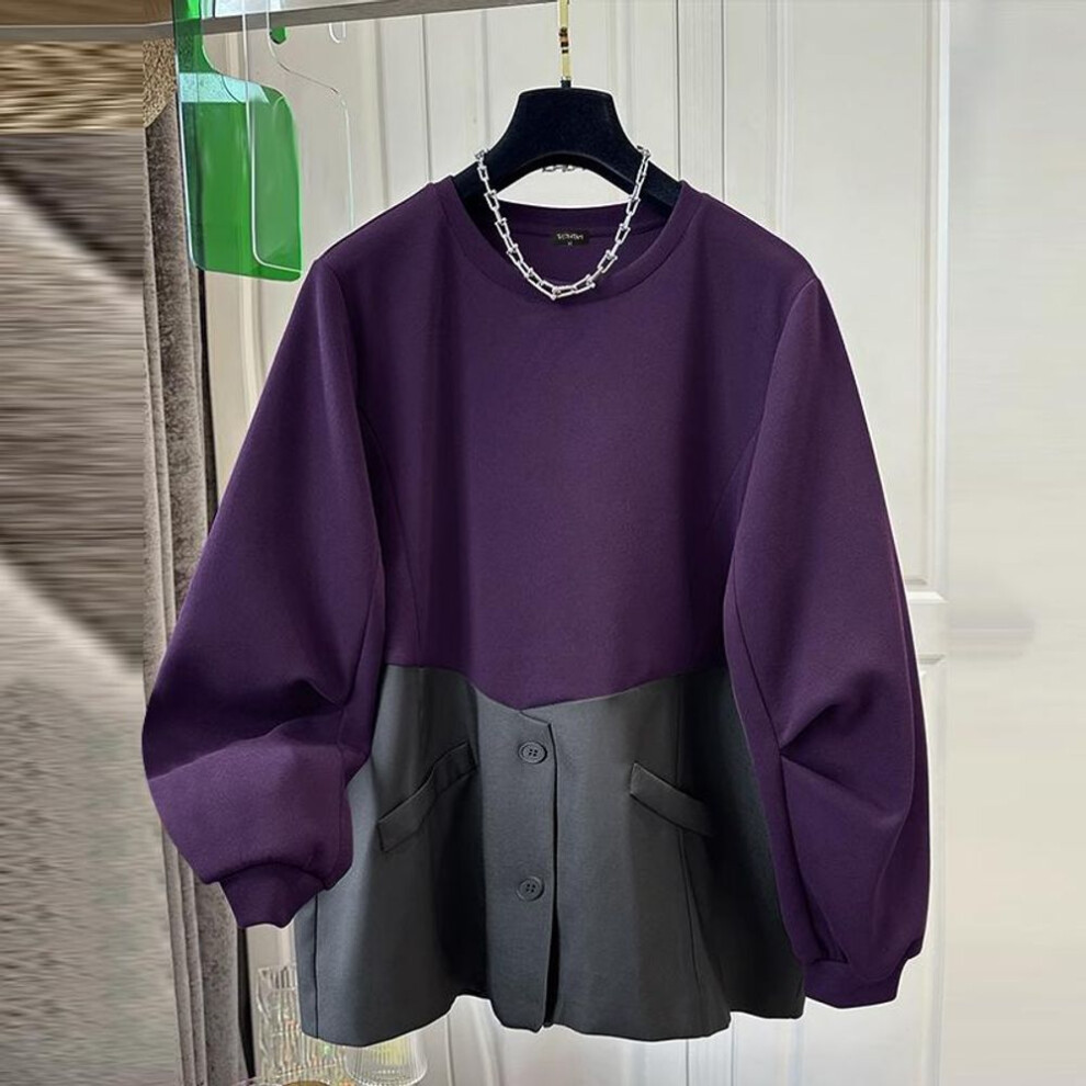 (M, purple) VONDA Women Autumn Round Neck Contrast Color Long Sleeve Sweatshirts