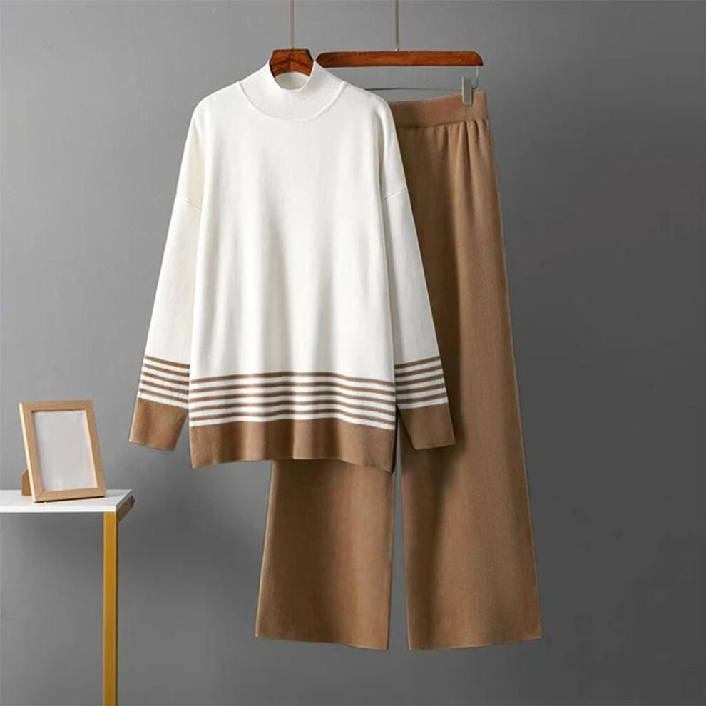 (khaki, S) Zanzea Women Vintage Stand Collar Long Sleeve Striped T-shirt Wide Leg Pants Sets