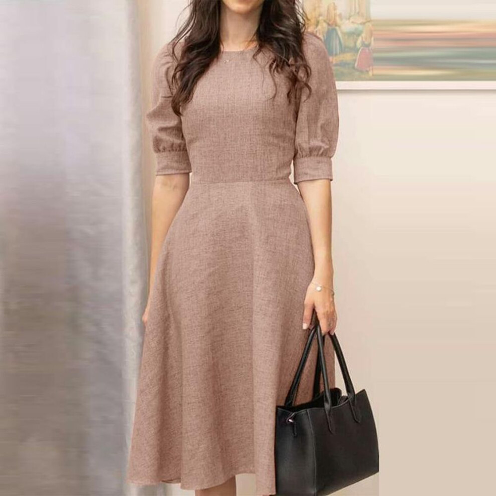(khaki, XL) ZANZEA Womens Round Neck Half Sleeve Casual A-Line Dress