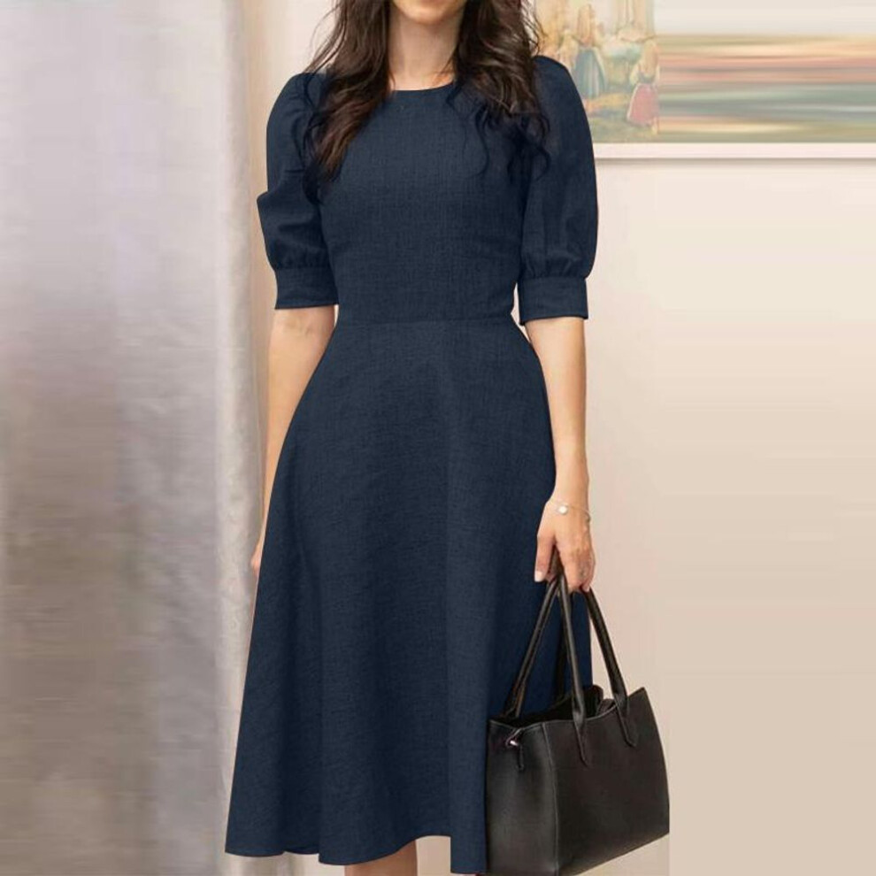 (dark blue, S) ZANZEA Womens Round Neck Half Sleeve Casual A-Line Dress