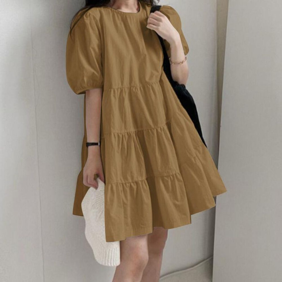 (khaki, 4XL) VONDA Women's Summer Casual Round Neck Puff Short Sleeve Pleated Solid Color Loose Short Dress