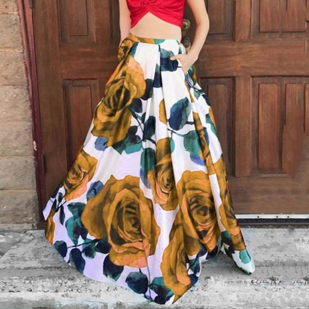 (S, yellow) ZANZEA Womens Bohemian Style Holiday Casual Floral Print Long Skirts