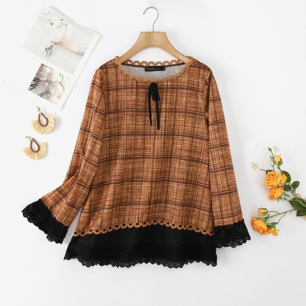 (M, brown) ZANZEA Women Autumn Round Neck Long Sleeve Lace Check Blouses