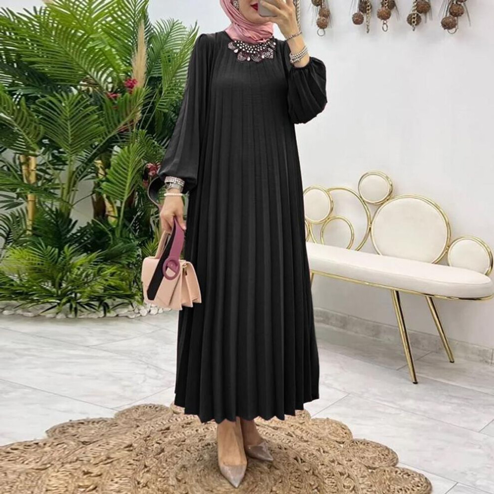(black, S) ZANZEA Women Casual Round Neck Long Sleeve Loose Pleated Dress