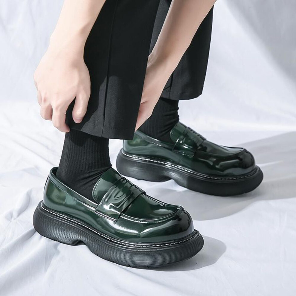 (green, EU: 43) Men Platform Shoes Loafer Dress Elevator Punk Shoes Height Increase Formal Leather Thick Sole Creepers Plus Size