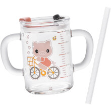 Vaso de vidrio con asa de pajita, taza de cerdo para niños y niñas, portátil, apto para microondas, taza para beber leche para niños pequeños
