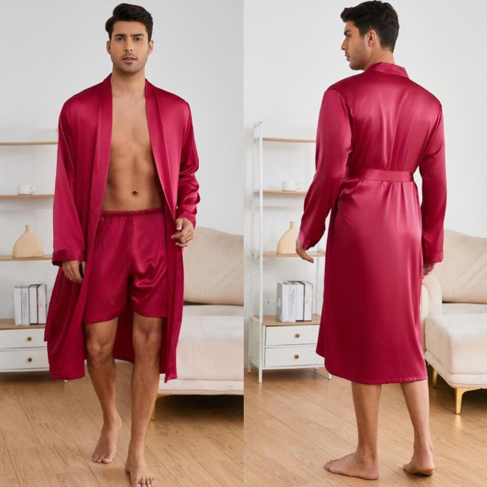 (XXL, wine red) Yaoting Men's Solid Color Robe And Shorts Pajama Set Tz3194