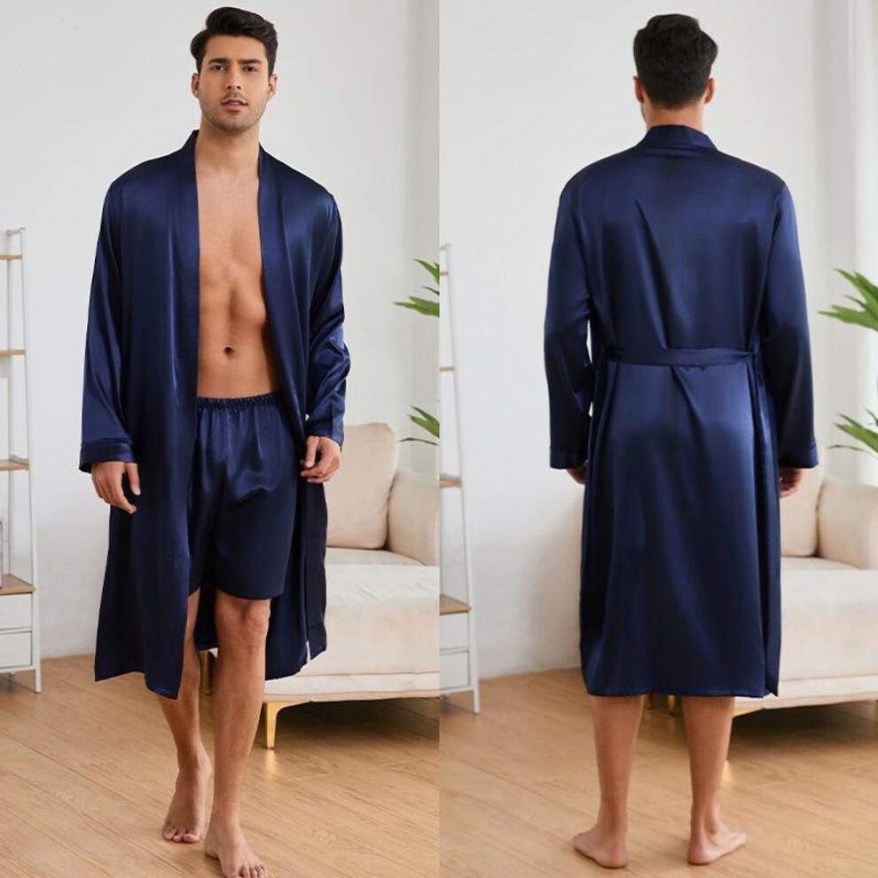 (S, navy) Yaoting Men's Solid Color Robe And Shorts Pajama Set Tz3194