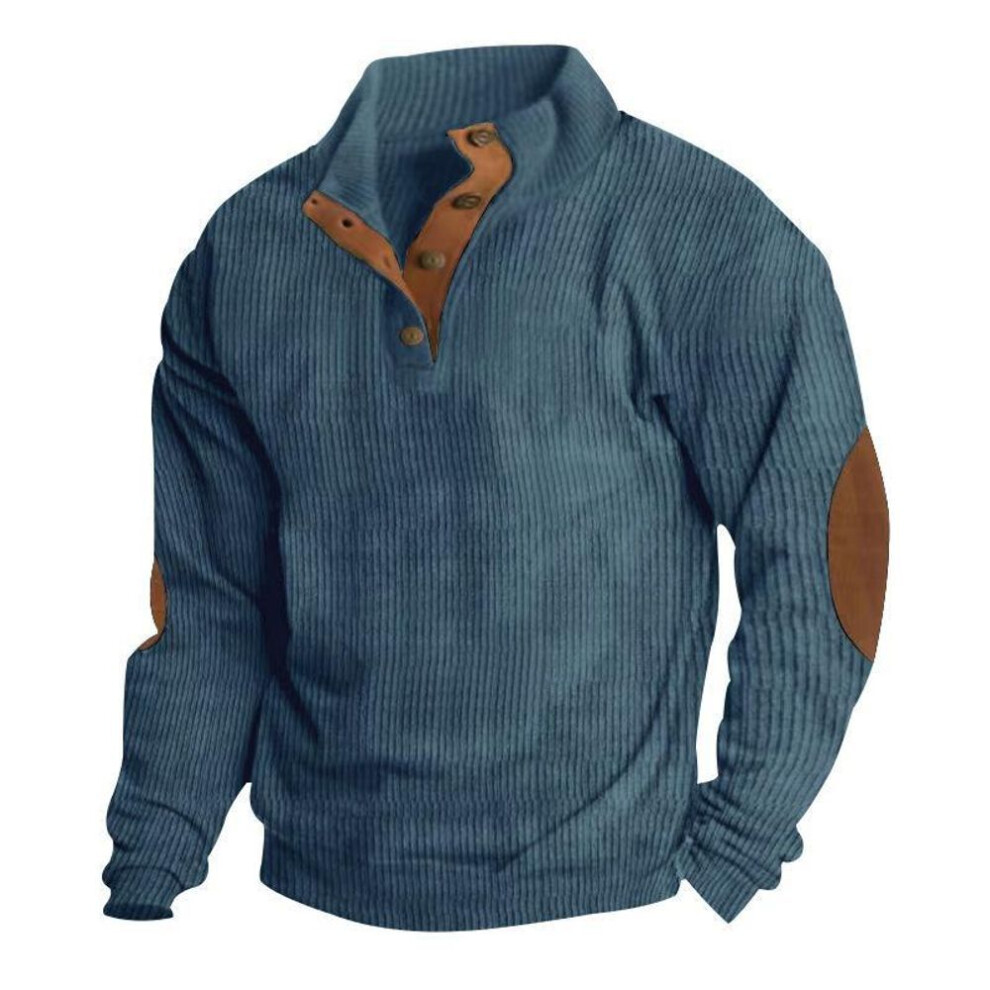 (denim blue, 5XL) Men's Retro 5xl Corduroy Stand Collar Pullover Jacket Shirt